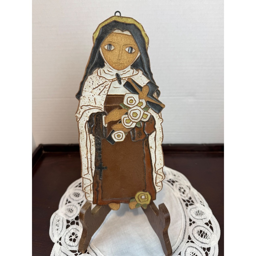 Vintage Saint Therese of Lisieux Ceramic Folk Art Wall Plaque Religious Nun 9"